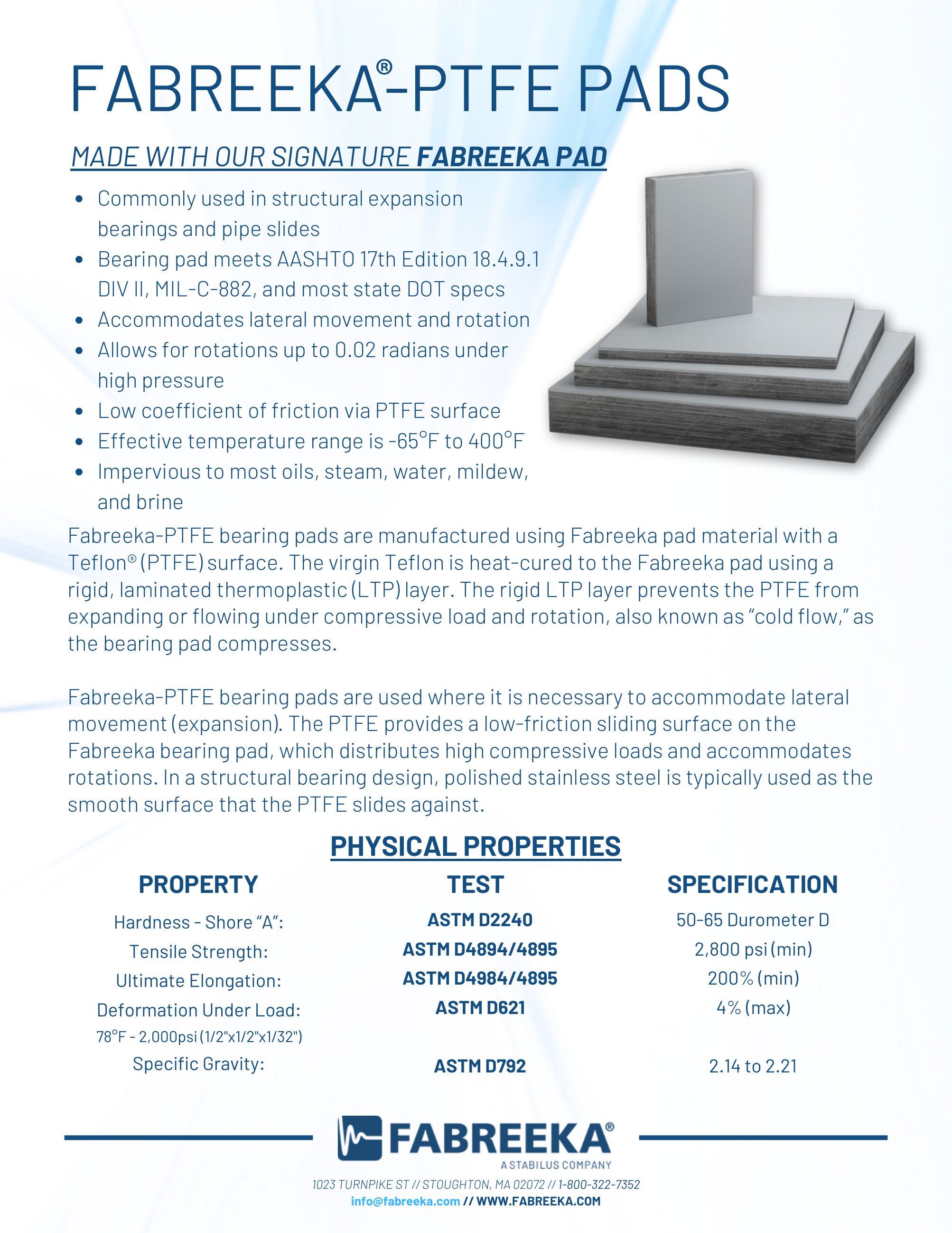 Fabreeka, Catalogs, Fabreeka PTFE Pads ARCAT