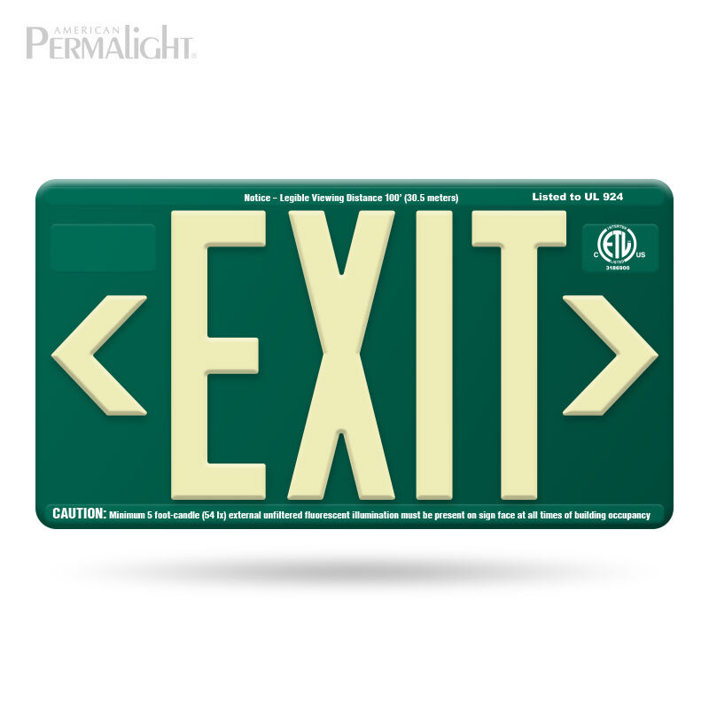 Green ABS Plastic EXIT Sign, Photoluminescent Lettering and Snap-in Directional Chevrons