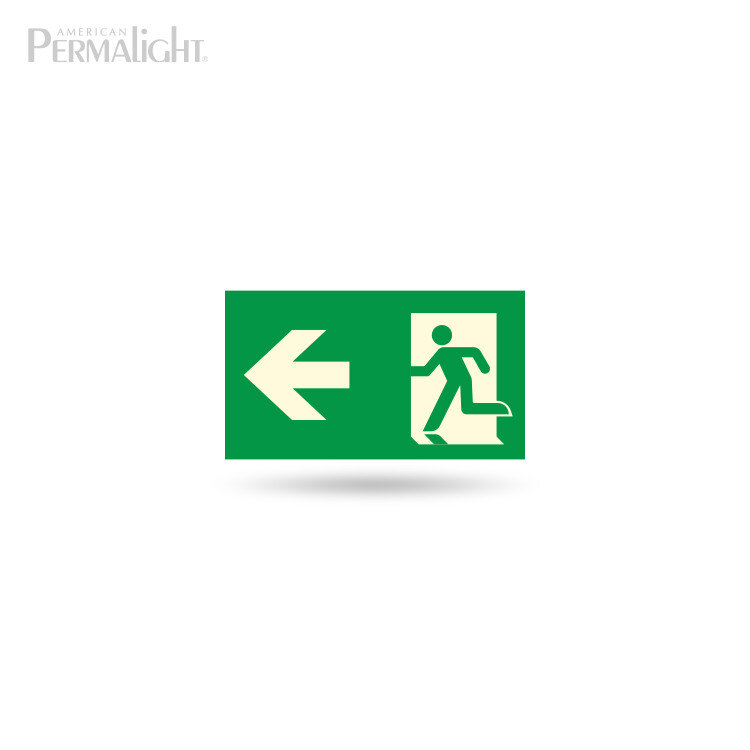 Photoluminescent Combined Signage, Arrow Left + Man Running, Aluminum (4.5 in x 8 in)