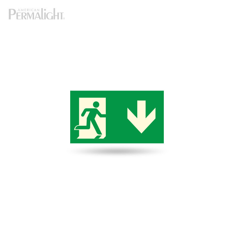 Photoluminescent Combined Signage, Man Running + Arrow Down, Aluminum (4.5 in x 8 in)
