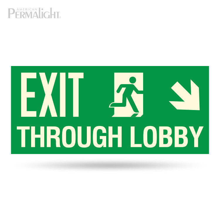 Photoluminescent Combined Signage, EXIT + Man Running + Arrow Right Down + THROUGH LOBBY, Aluminum (18 in x 8 in)