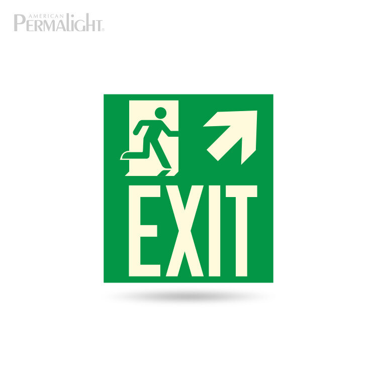Photoluminescent Combined Signage, Man Running + Arrow Right Up + EXIT, Aluminum (10 in x 9 in)